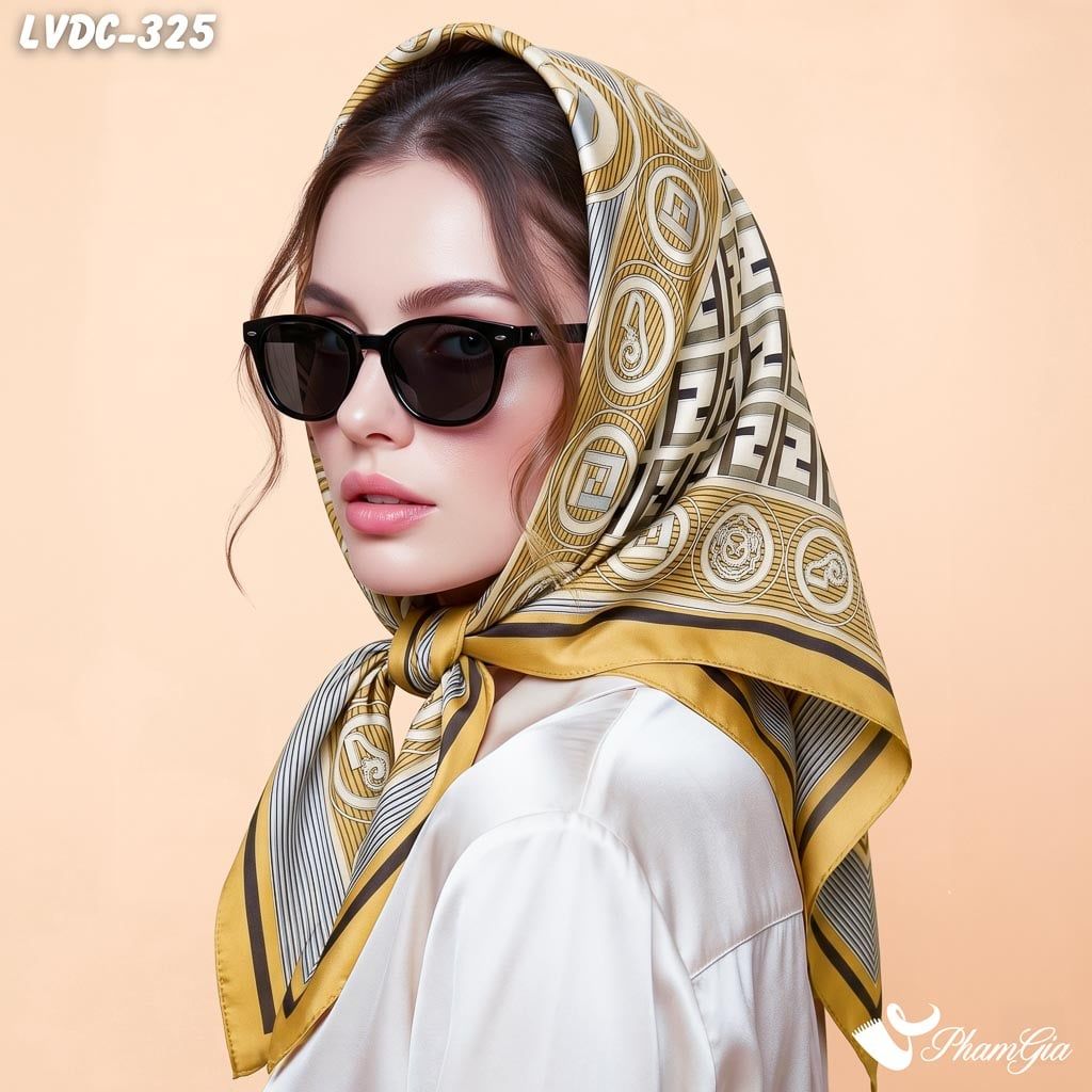 Khăn Lụa Vuông Đường Châu 88*88cm 2 Mặt Cao Cấp Họa Tiết Monogram Màu Nâu Be Thanh Lịch (LVDC325)