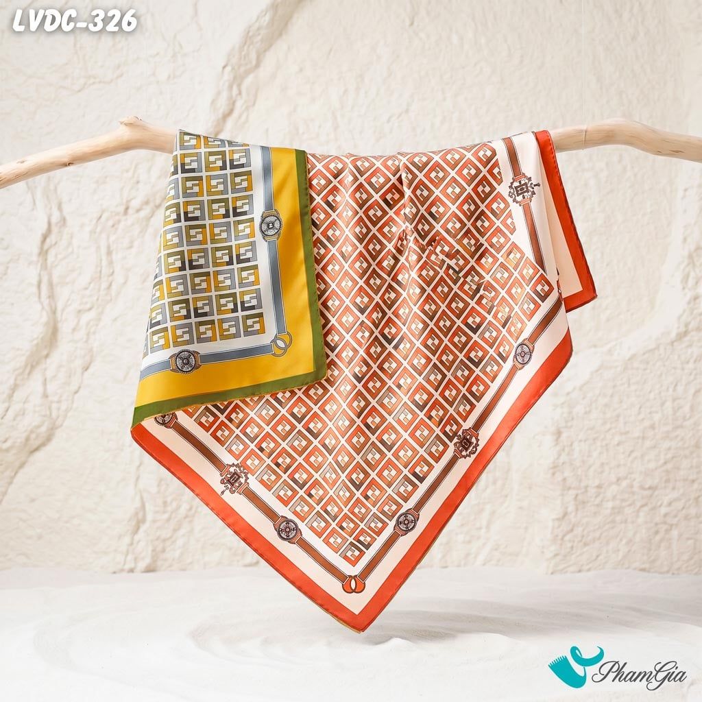 Khăn Lụa Vuông Đường Châu 88*88cm 2 Mặt Cao Cấp Họa Tiết Hình Học Màu Cam Hiện Đại (LVDC326)