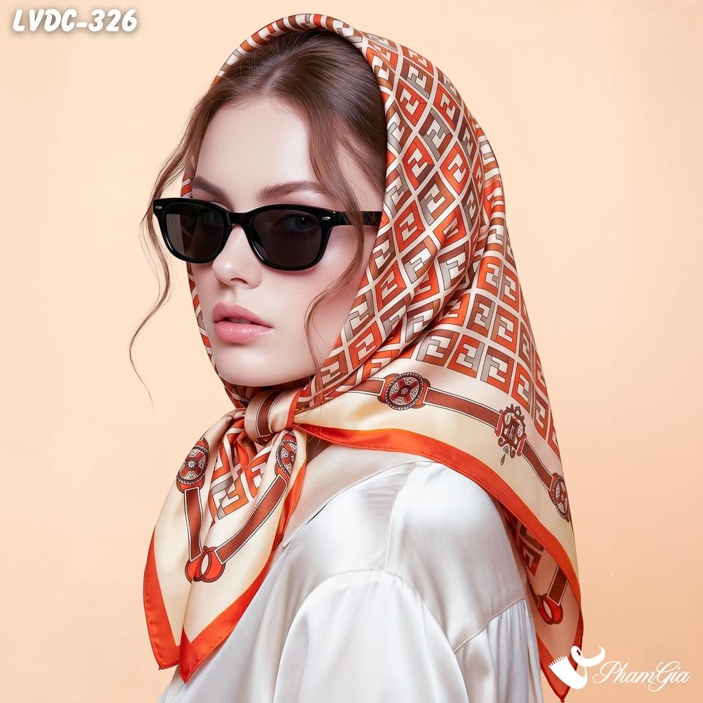 Khăn Lụa Vuông Đường Châu 88*88cm 2 Mặt Cao Cấp Họa Tiết Hình Học Màu Cam Hiện Đại (LVDC326)