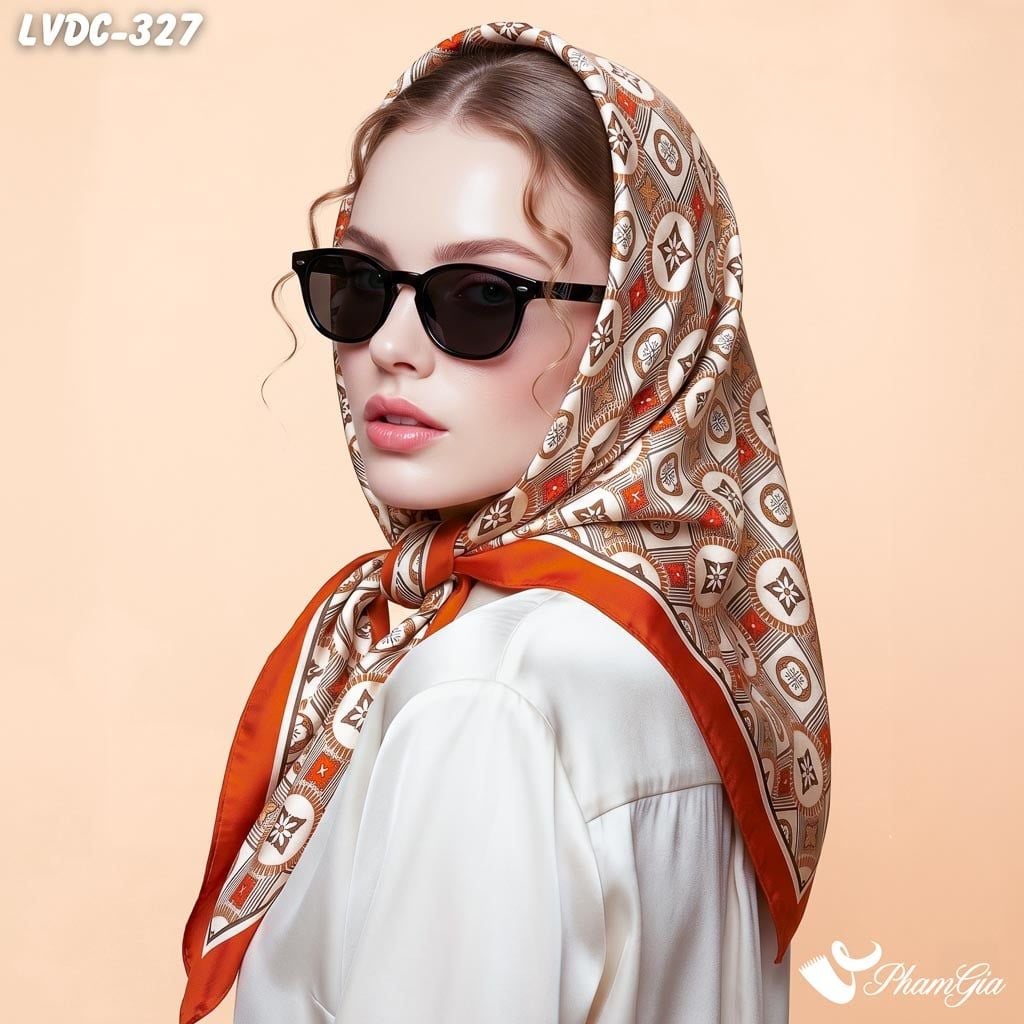 Khăn Lụa Vuông Đường Châu 88*88cm 2 Mặt Cao Cấp Họa Tiết Monogram Cổ Điển Màu Cam Đất Sang Trọng (LVDC327)