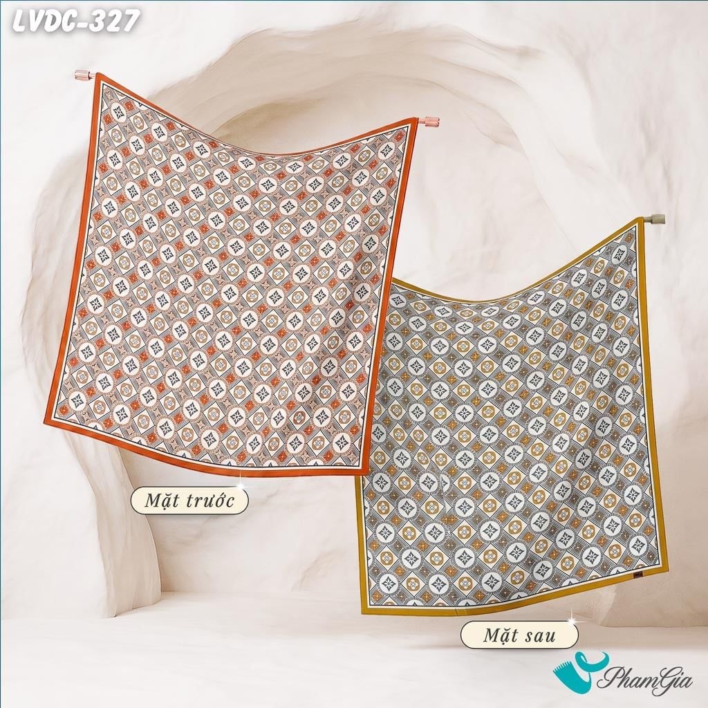 Khăn Lụa Vuông Đường Châu 88*88cm 2 Mặt Cao Cấp Họa Tiết Monogram Cổ Điển Màu Cam Đất Sang Trọng (LVDC327)