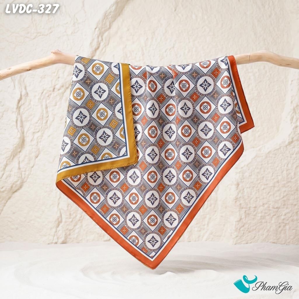 Khăn Lụa Vuông Đường Châu 88*88cm 2 Mặt Cao Cấp Họa Tiết Monogram Cổ Điển Màu Cam Đất Sang Trọng (LVDC327)