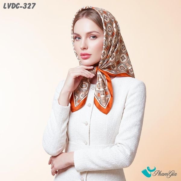 Khăn Lụa Vuông Donna Classic 88*88cm 2 Mặt Cao Cấp Họa Tiết Monogram Cổ Điển Màu Cam Đất Sang Trọng (LVDC327)