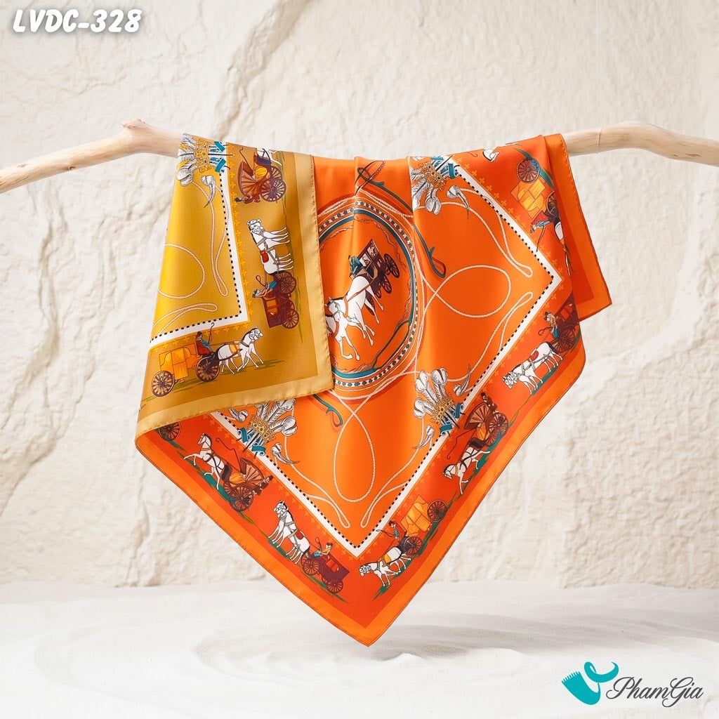 Khăn Lụa Vuông Đường Châu 88*88cm 2 Mặt Cao Cấp Họa Tiết Cỗ Xe Ngựa Màu Cam Cháy Sang Trọng (LVDC328)