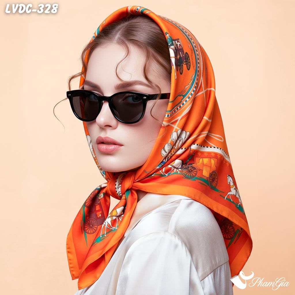 Khăn Lụa Vuông Đường Châu 88*88cm 2 Mặt Cao Cấp Họa Tiết Cỗ Xe Ngựa Màu Cam Cháy Sang Trọng (LVDC328)