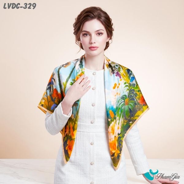 Khăn Lụa Vuông Đường Châu 88*88cm 2 Mặt Cao Cấp Họa Tiết Phong Cảnh Phối Màu Đa Sắc Sang Trọng (LVDC329)