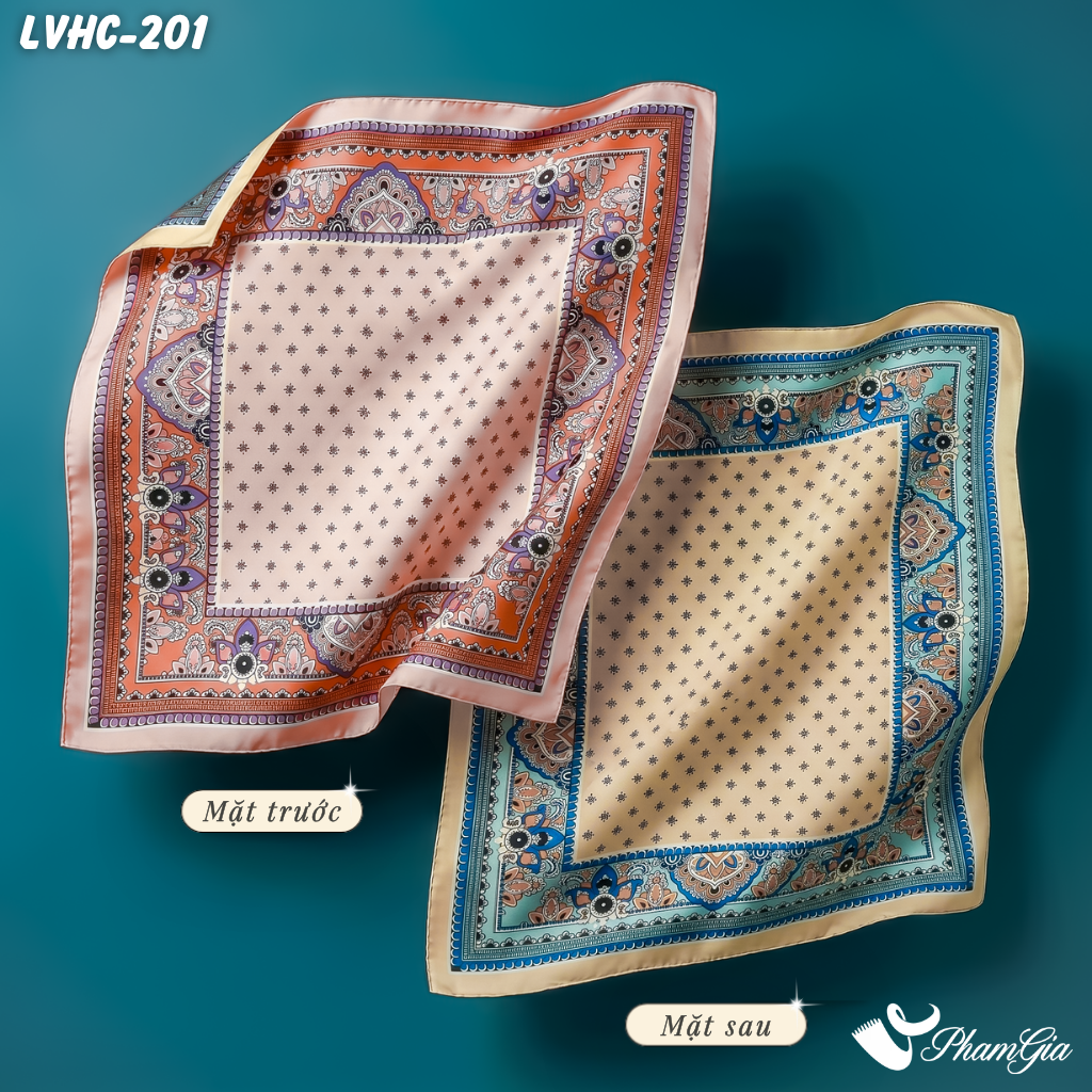 Khăn Lụa Vuông Hạ Châu 88*88Cm 2 Mặt Họa Tiết Vintage Màu Cam Đào Thanh Lịch (LVHC201)
