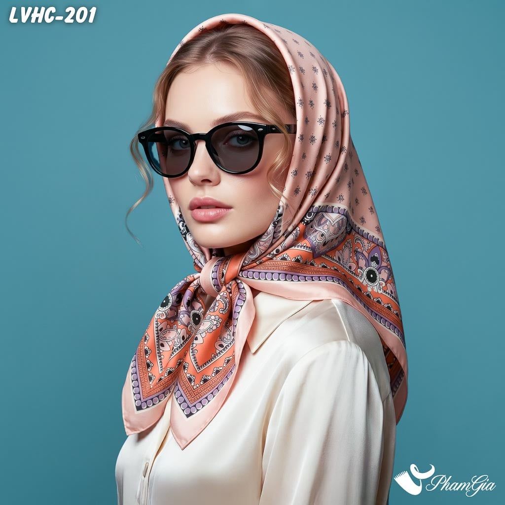 Khăn Lụa Vuông Hạ Châu 88*88Cm 2 Mặt Họa Tiết Vintage Màu Cam Đào Thanh Lịch (LVHC201)