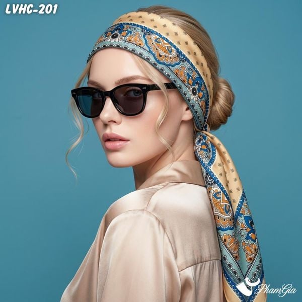 Khăn Lụa Vuông Hạ Châu 88*88Cm 2 Mặt Họa Tiết Vintage Màu Cam Đào Thanh Lịch (LVHC201)