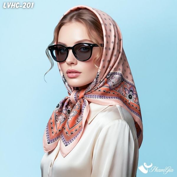 Khăn Lụa Vuông Hạ Châu 88*88Cm 2 Mặt Họa Tiết Vintage Màu Cam Đào Thanh Lịch (LVHC201)