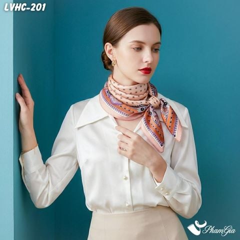 Khăn Lụa Vuông Hạ Châu 88*88Cm 2 Mặt Họa Tiết Vintage Màu Cam Đào Thanh Lịch (LVHC201)