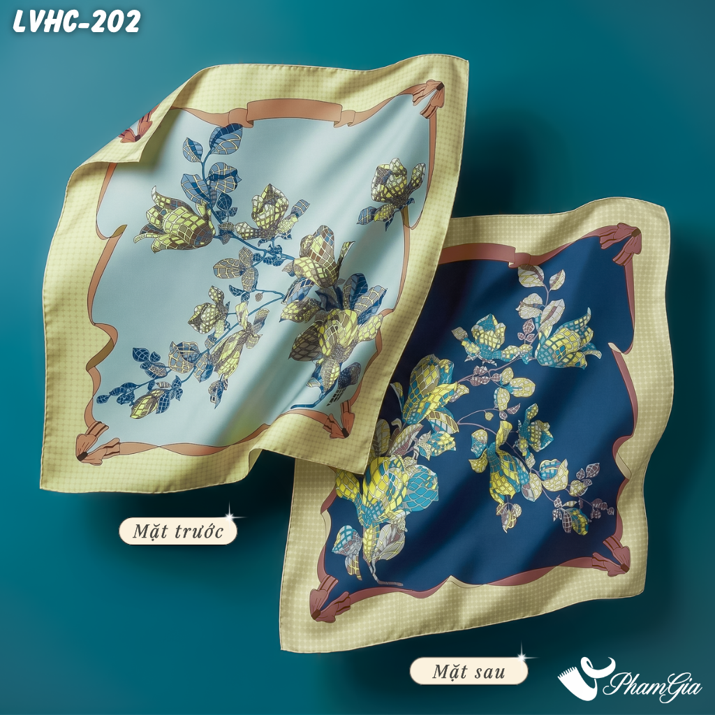 Khăn Lụa Vuông Hạ Châu 88*88Cm 2 Mặt Họa Tiết Tranh Hoa Màu Xanh Phối Viền Trang Nhã (LVHC202)
