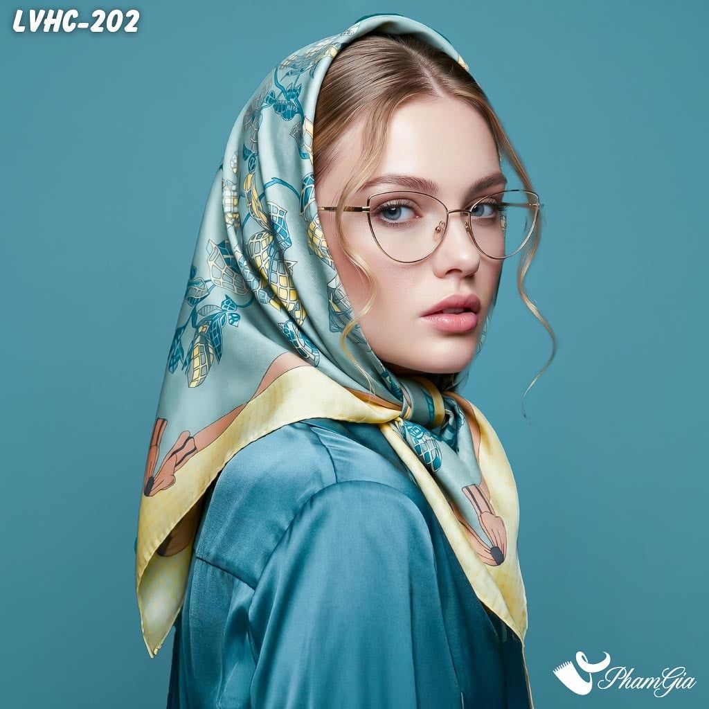 Khăn Lụa Vuông Hạ Châu 88*88Cm 2 Mặt Họa Tiết Tranh Hoa Màu Xanh Phối Viền Trang Nhã (LVHC202)