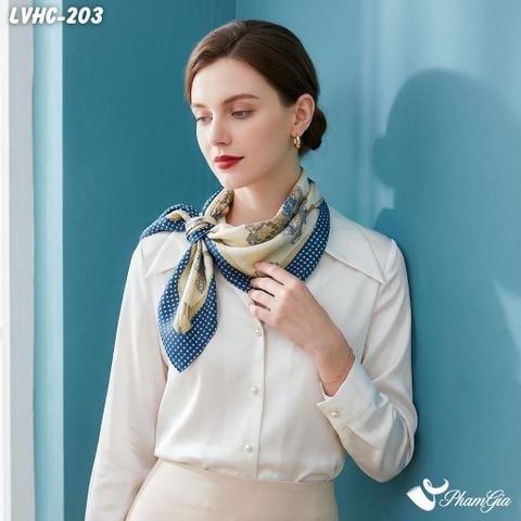 Khăn Lụa Vuông Hạ Châu 88*88Cm 2 Mặt Họa Tiết Tranh Hoa Màu Kem Phối Viền Trang Nhã (LVHC203)