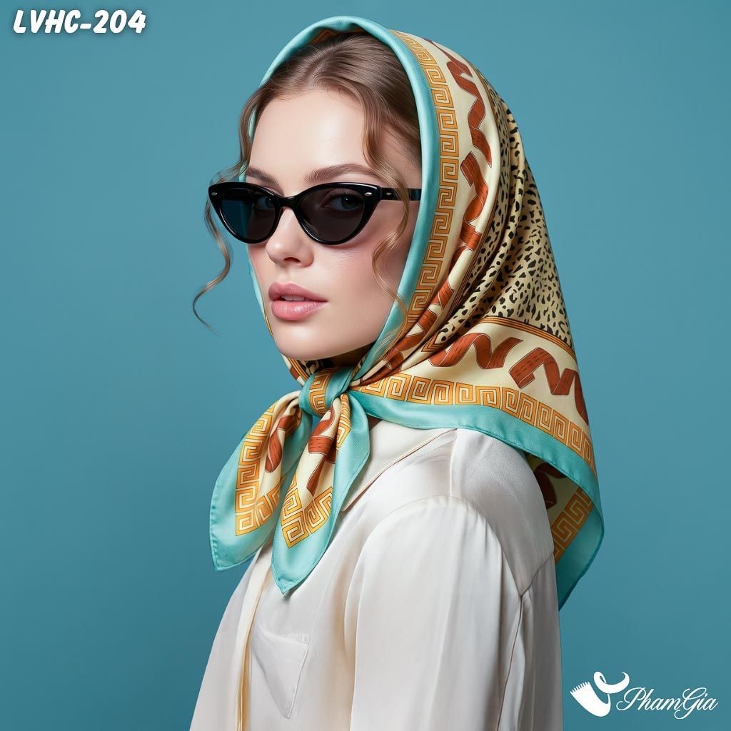 Khăn Lụa Vuông Hạ Châu 88*88Cm 2 Mặt Họa Tiết Da Báo Phối Viền Hiện Đại (LVHC204)