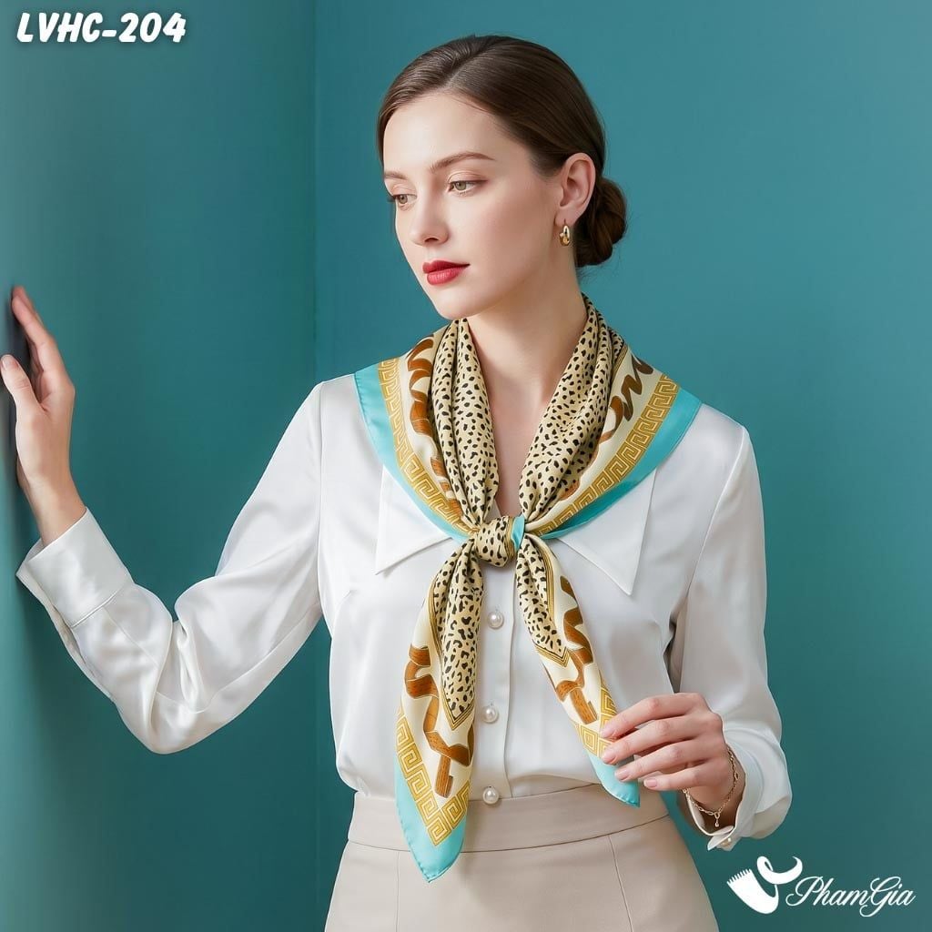 Khăn Lụa Vuông Hạ Châu 88*88Cm 2 Mặt Họa Tiết Da Báo Phối Viền Hiện Đại (LVHC204)