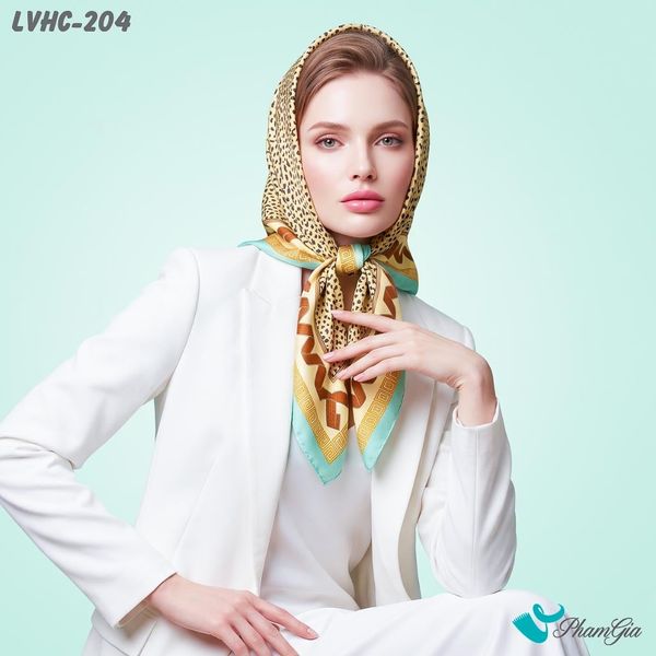 Khăn Lụa Vuông Hạ Châu 88*88Cm 2 Mặt Họa Tiết Da Báo Phối Viền Hiện Đại (LVHC204)