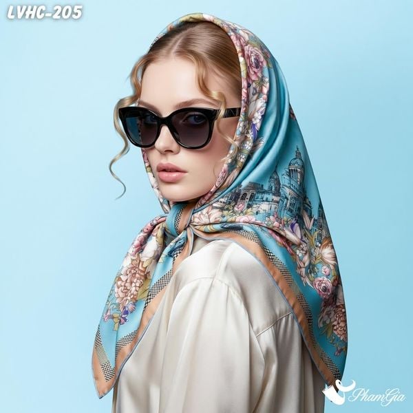Khăn Lụa Vuông Hạ Châu 88*88Cm 2 Mặt Họa Tiết Lâu Đài Vườn Hoa Màu Xanh Ngọc Thanh Lịch (LVHC205)