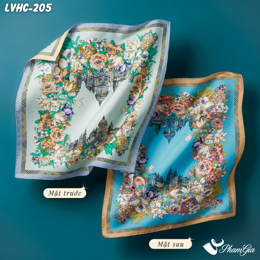 Khăn Lụa Vuông Hạ Châu 88*88Cm 2 Mặt Họa Tiết Lâu Đài Vườn Hoa Màu Xanh Ngọc Thanh Lịch (LVHC205)
