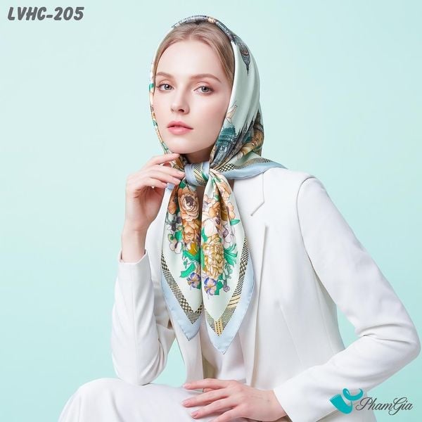 Khăn Lụa Vuông Hạ Châu 88*88Cm 2 Mặt Họa Tiết Lâu Đài Vườn Hoa Màu Xanh Ngọc Thanh Lịch (LVHC205)