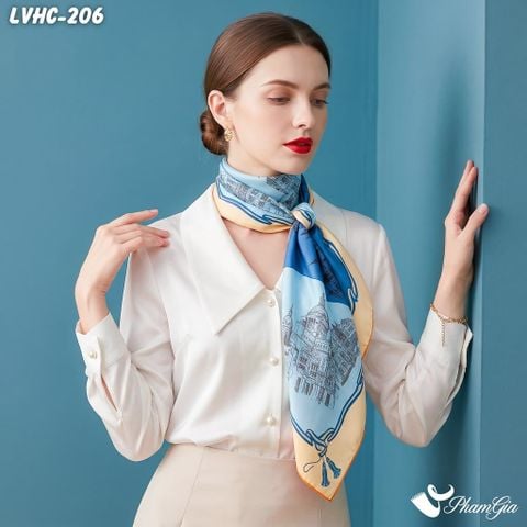 Khăn Lụa Vuông Hạ Châu 88*88Cm 2 Mặt Họa Tiết Lâu Đài Phối Nhiều Màu Cổ Điển (LVHC206)