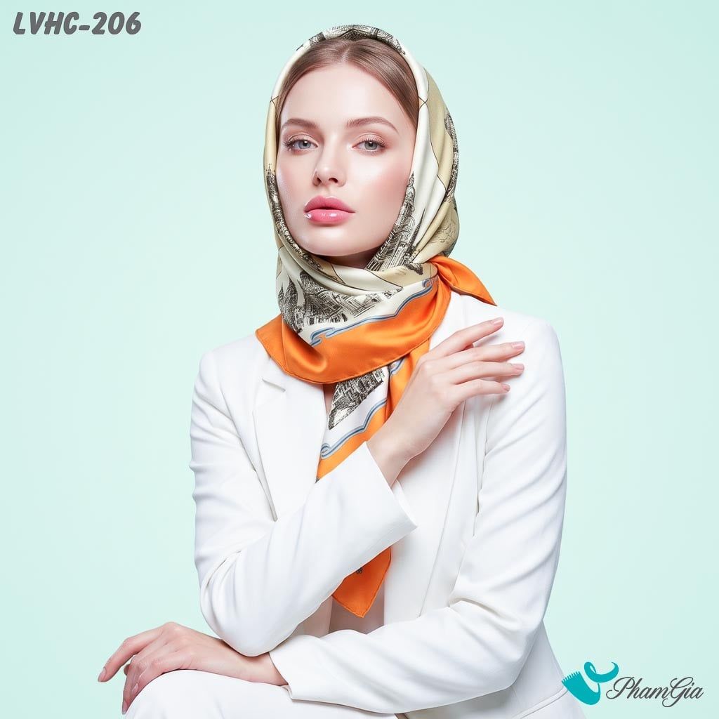 Khăn Lụa Vuông Hạ Châu 88*88Cm 2 Mặt Họa Tiết Lâu Đài Phối Nhiều Màu Cổ Điển (LVHC206)