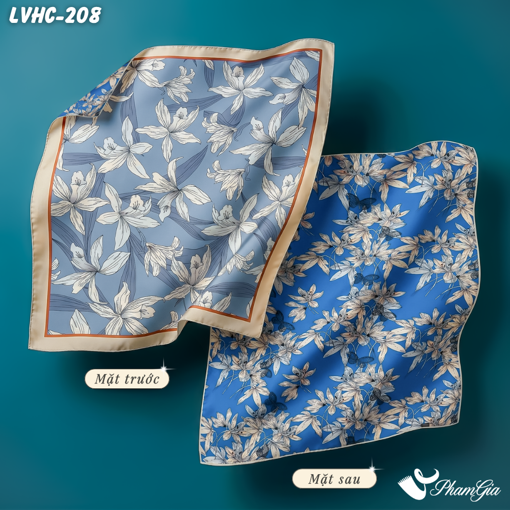 Khăn Lụa Vuông Hạ Châu 88*88Cm 2 Mặt Họa Tiết Hoa Lily Màu Xanh Navy Thanh Lịch (LVHC208)