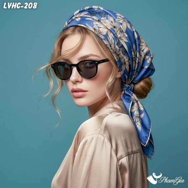 Khăn Lụa Vuông Hạ Châu 88*88Cm 2 Mặt Họa Tiết Hoa Lily Màu Xanh Navy Thanh Lịch (LVHC208)