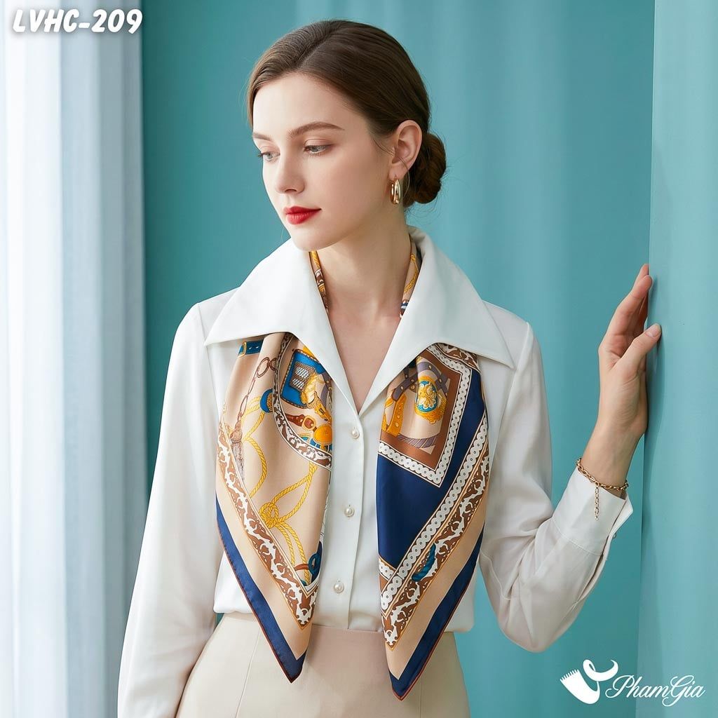 Khăn Lụa Vuông Hạ Châu 88*88cm 2 Mặt Họa Tiết Dây Xích Phối Hình Học Màu Cam Đất Cá Tính (LVHC209)