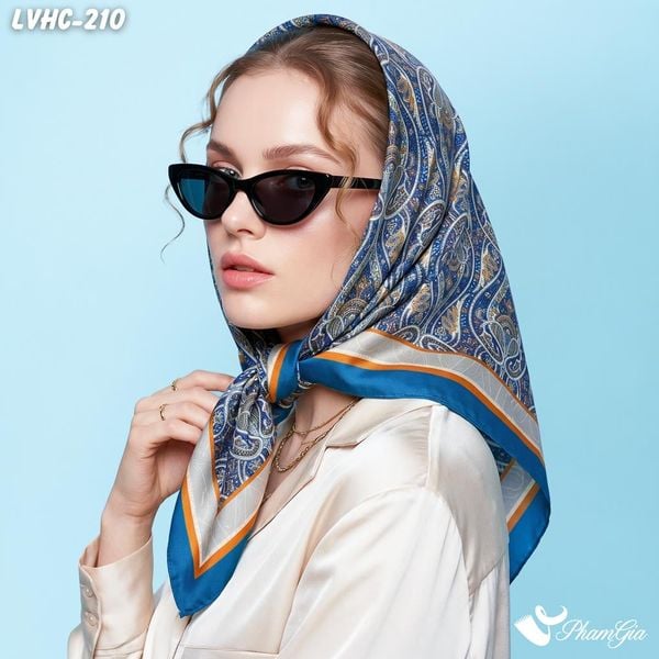 Khăn Lụa Vuông Hạ Châu 88*88cm 2 Mặt Họa Tiết Paisley Đối Xứng Màu Xanh Navy Phối Cam Sang Trọng (LVHC210)