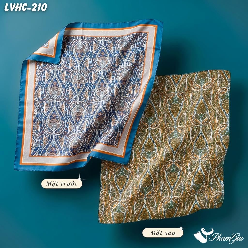 Khăn Lụa Vuông Hạ Châu 88*88cm 2 Mặt Họa Tiết Paisley Đối Xứng Màu Xanh Navy Phối Cam Sang Trọng (LVHC210)