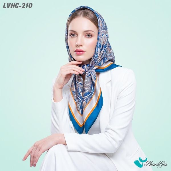 Khăn Lụa Vuông Hạ Châu 88*88cm 2 Mặt Họa Tiết Paisley Đối Xứng Màu Xanh Navy Phối Cam Sang Trọng (LVHC210)