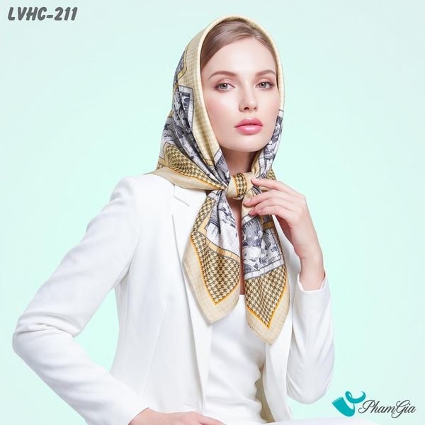 Khăn Lụa Vuông Hạ Châu 88*88cm 2 Mặt Họa Tiết Postcard Phong Cách Châu Âu Màu Beige Thanh Lịch (LVHC211)
