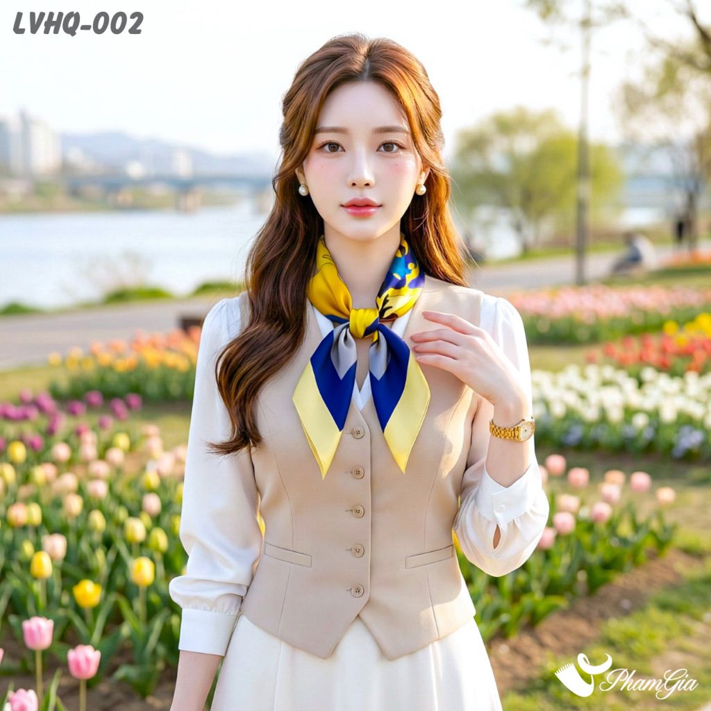 Khăn Lụa Vuông 70*70cm Phong Cách Hàn Quốc Họa Tiết Cô Gái Màu Vàng (LVHQ002)