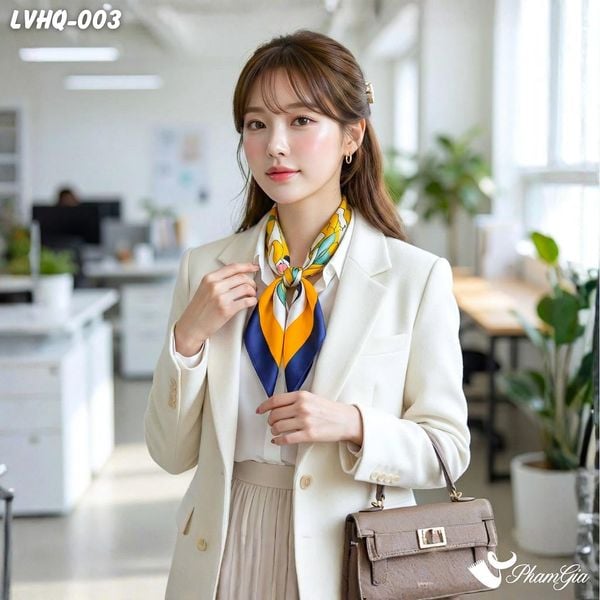 Khăn Lụa Vuông 70*70cm Phong Cách Hàn Quốc Họa Tiết Cô Gái Màu Cam (LVHQ003)