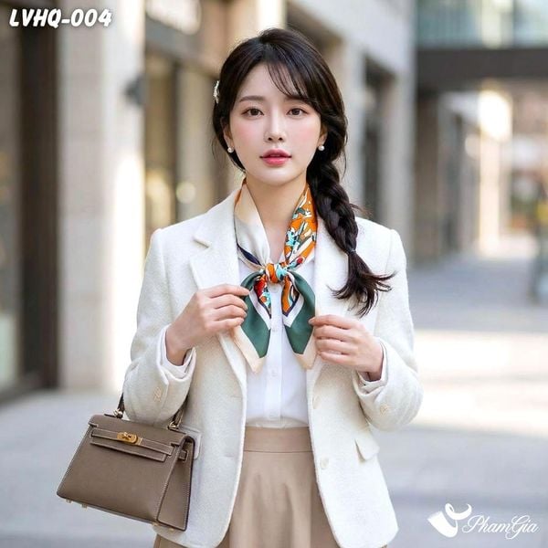 Khăn Lụa Vuông 70*70cm Phong Cách Hàn Quốc Họa Tiết Cô Gái Màu Xanh Rêu (LVHQ004)