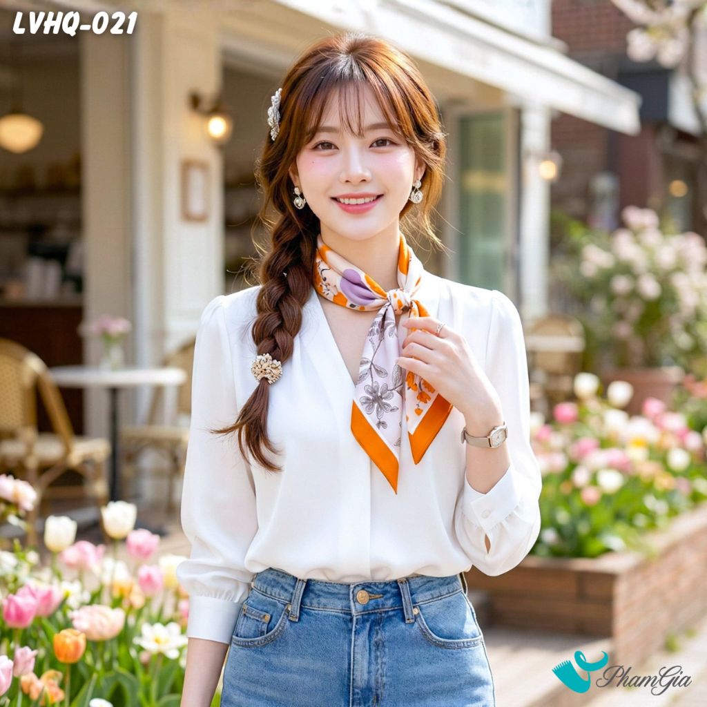 Khăn Lụa Vuông 70*70Cm Phong Cách Hàn Quốc Họa Tiết Hoa Bốn Mùa Viền Vàng (LVHQ021)