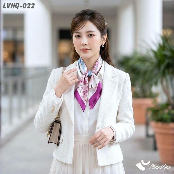 Khăn Lụa Vuông 70*70Cm Phong Cách Hàn Quốc Họa Tiết Hoa Bốn Mùa Viền Tím (LVHQ022)