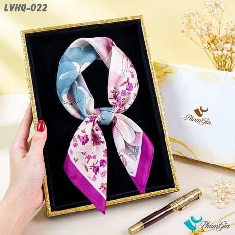 Khăn Lụa Vuông 70*70Cm Phong Cách Hàn Quốc Họa Tiết Hoa Bốn Mùa Viền Tím (LVHQ022)