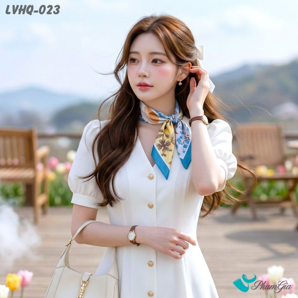 Khăn Lụa Vuông 70*70Cm Phong Cách Hàn Quốc Họa Tiết Hoa Bốn Mùa Viền Xanh (LVHQ023)