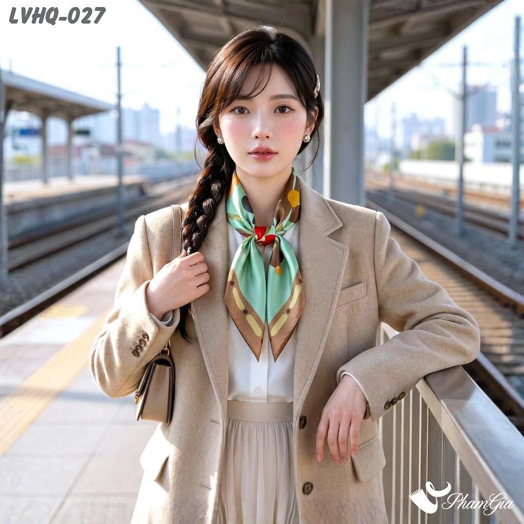 Khăn Lụa Vuông 70*70Cm Phong Cách Hàn Quốc Họa Tiết Hoa Năm Cánh Màu Xanh Mint (LVHQ027)