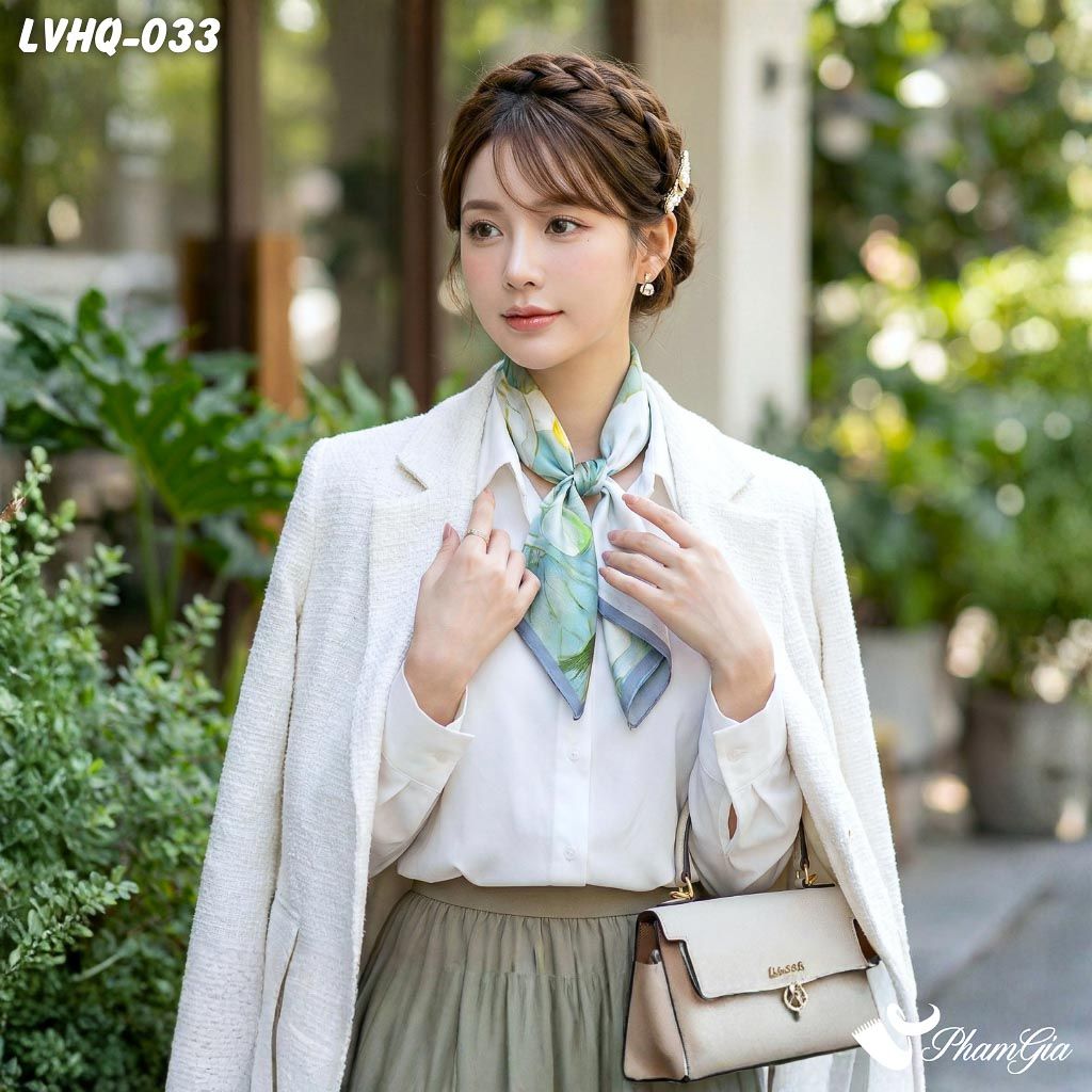 Khăn Lụa Vuông 70*70Cm Phong Cách Hàn Quốc Họa Tiết Hoa Sen Cá Lội (LVHQ033)