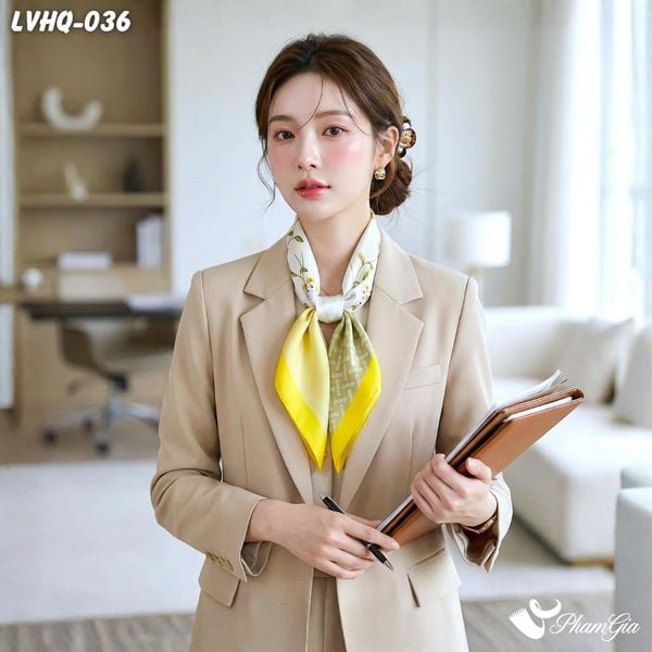 Khăn Lụa Vuông 70*70Cm Phong Cách Hàn Quốc Họa Tiết Hoa Dây Leo Màu Vàng Chanh (LVHQ036)