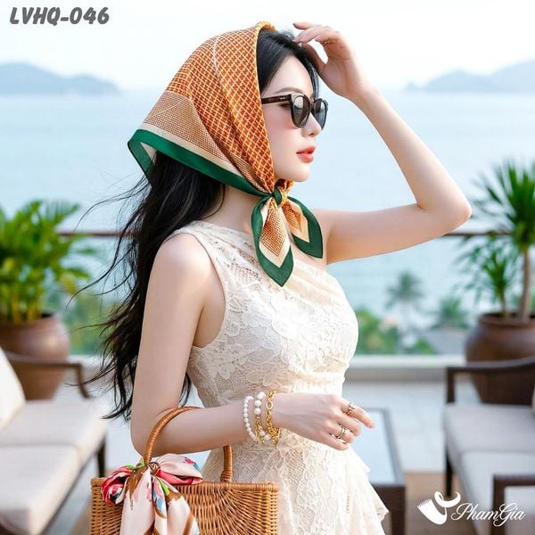 Khăn Lụa Vuông 70*70Cm Phong Cách Hàn Quốc Họa Tiết Monogram Màu Cam (LVHQ046)