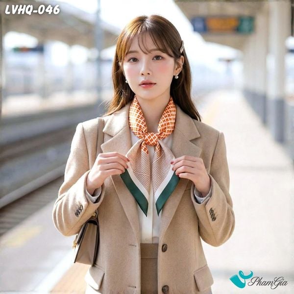 Khăn Lụa Vuông 70*70Cm Phong Cách Hàn Quốc Họa Tiết Monogram Màu Cam (LVHQ046)
