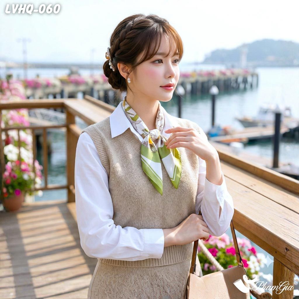 Khăn Lụa Vuông 70*70Cm Phong Cách Hàn Quốc Họa Tiết Hoa Lily Viền Xanh Bơ (LVHQ060)