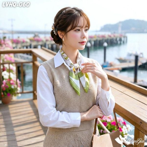 Khăn Lụa Vuông 70*70Cm Phong Cách Hàn Quốc Họa Tiết Hoa Lily Viền Xanh Bơ (LVHQ060)