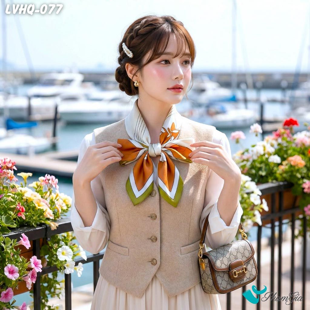 Khăn Lụa Vuông 70*70Cm Phong Cách Hàn Quốc Họa Tiết Tulip Kẻ Sọc Cách Điệu (LVHQ077)