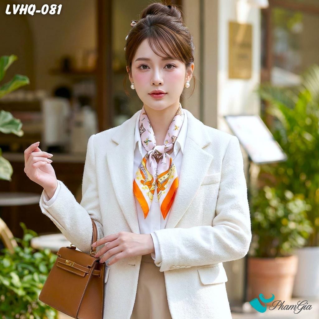 Khăn Lụa Vuông 70*70Cm Phong Cách Hàn Quốc Họa Tiết Monogram Viền Cam (LVHQ081)