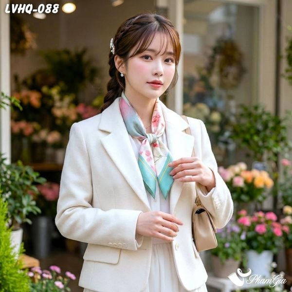 Khăn Lụa Vuông 70*70Cm Phong Cách Hàn Quốc Họa Tiết Vườn Hoa Viền Xanh (LVHQ088)